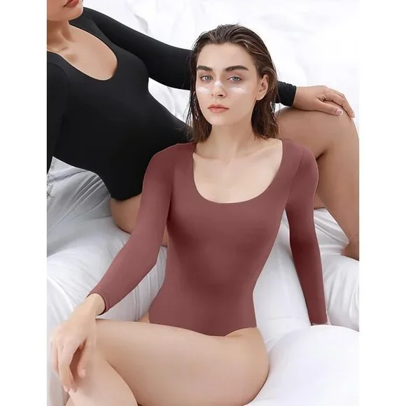 Women's 08 Marsala Scoop Neck Long Sleeve Bodysuit Body Sexy Tops Collection - Picture 4 of 4